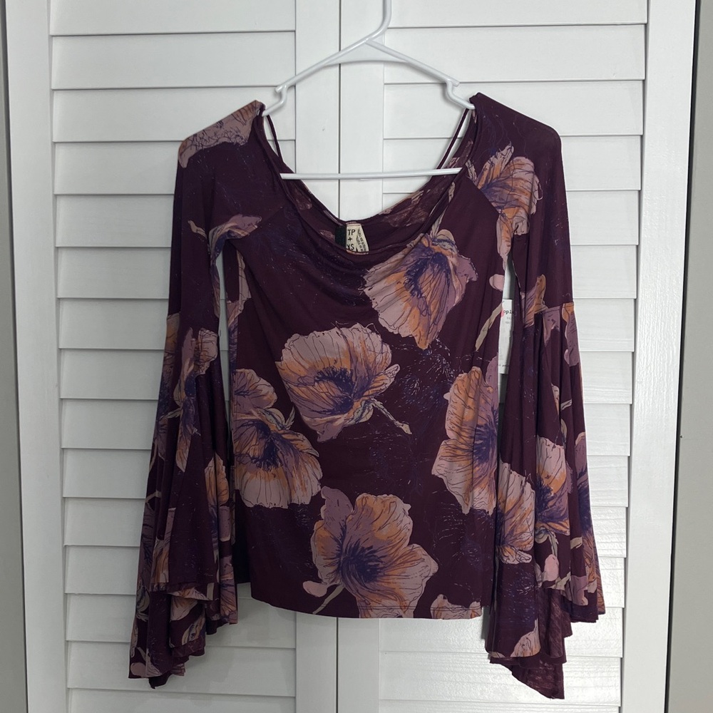 Free People Plum Floral Bell-Sleeve Blouse